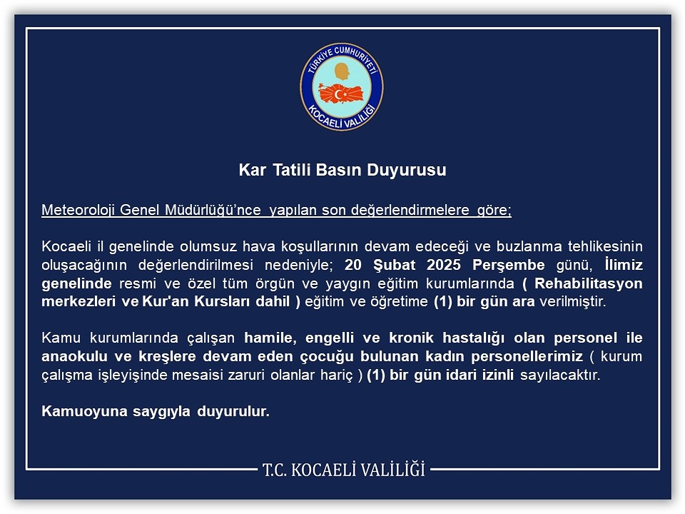Kocaeli'de Eğitim ve Öğretime Bir Gün Ara Verildi