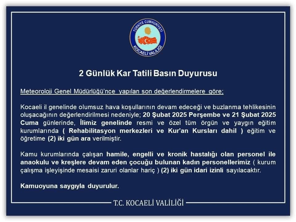 Kocaeli'nde Kar Yağışı Nedeniyle Eğitime İki Gün Ara Verildi