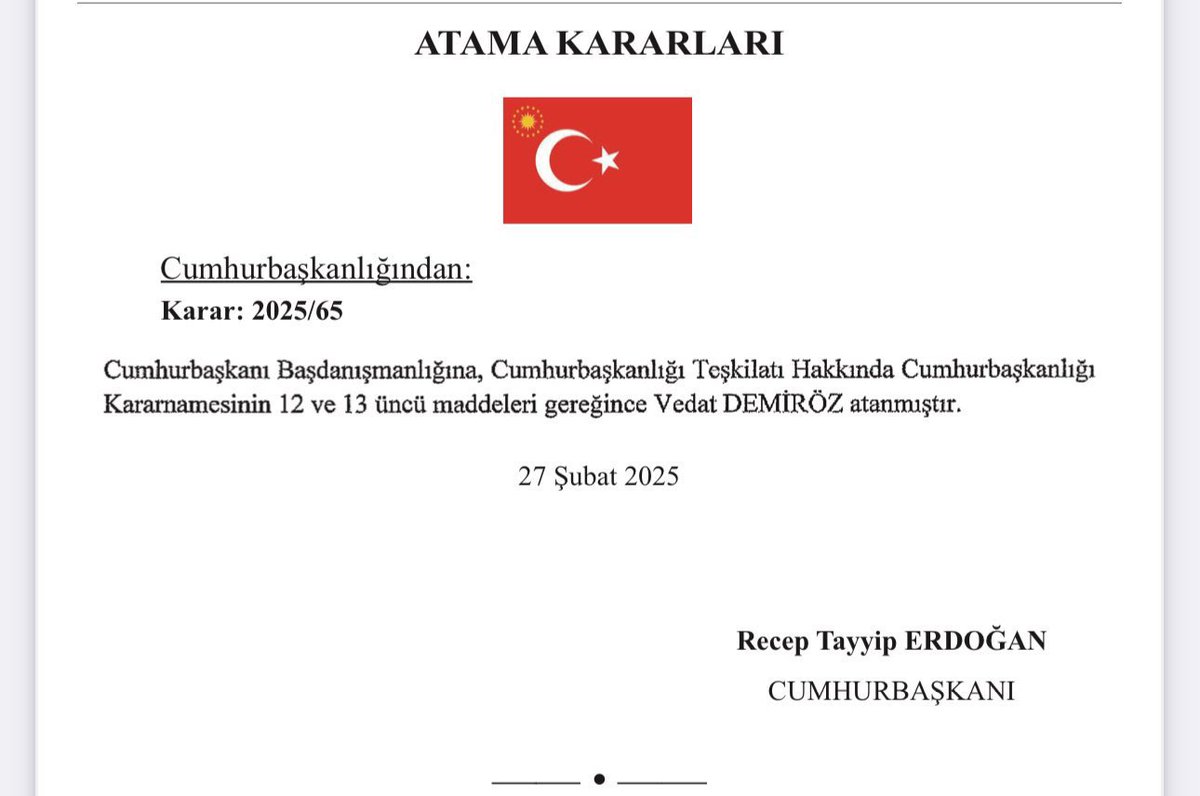 Vedat Demiröz Cumhurbaşkanı Başdanışmanlığı Görevine Atandı