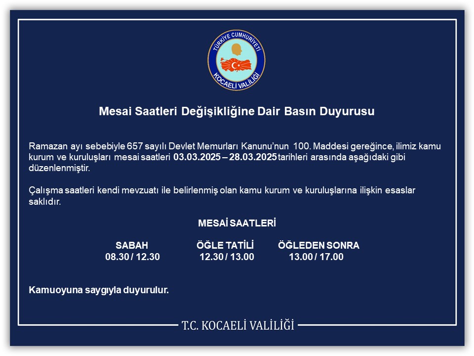 Kocaeli'de Mesai Saatleri Değişikliği Duyurusu