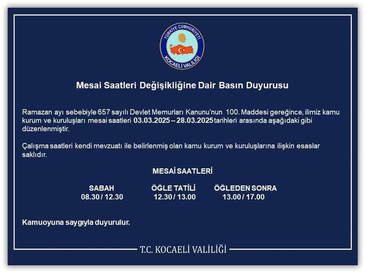 Valilikten Mesai Saatlerinde Değişiklik Duyurusu