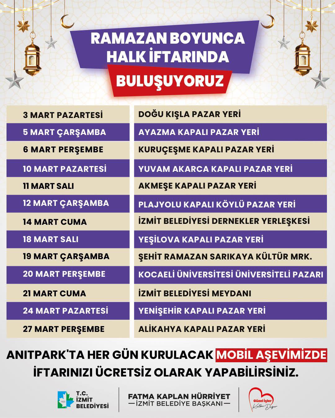 İzmit Belediyesi Ramazan Ayında Halk İftarları Düzenliyor